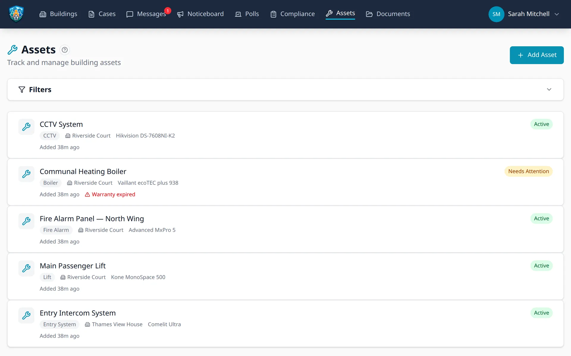 Asset register with categories and statuses