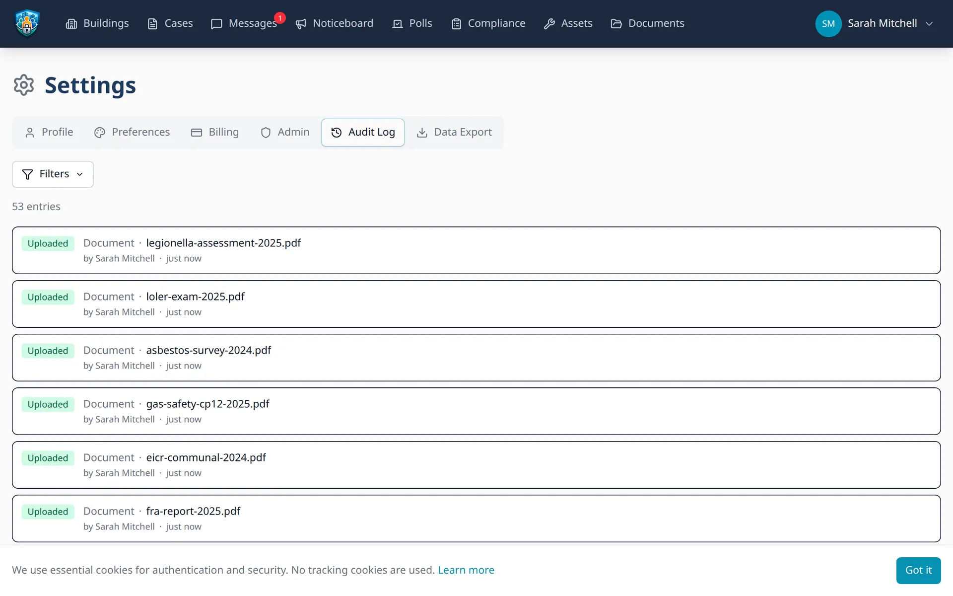 Audit log showing tracked actions with filters