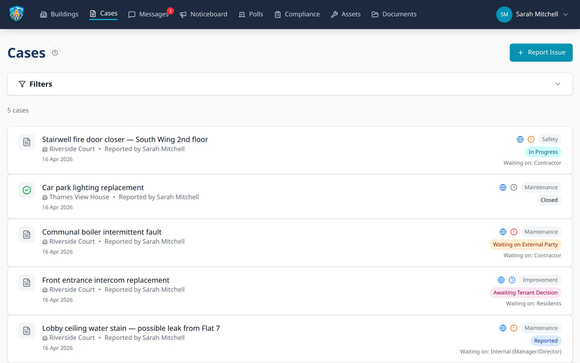 Case list with status columns