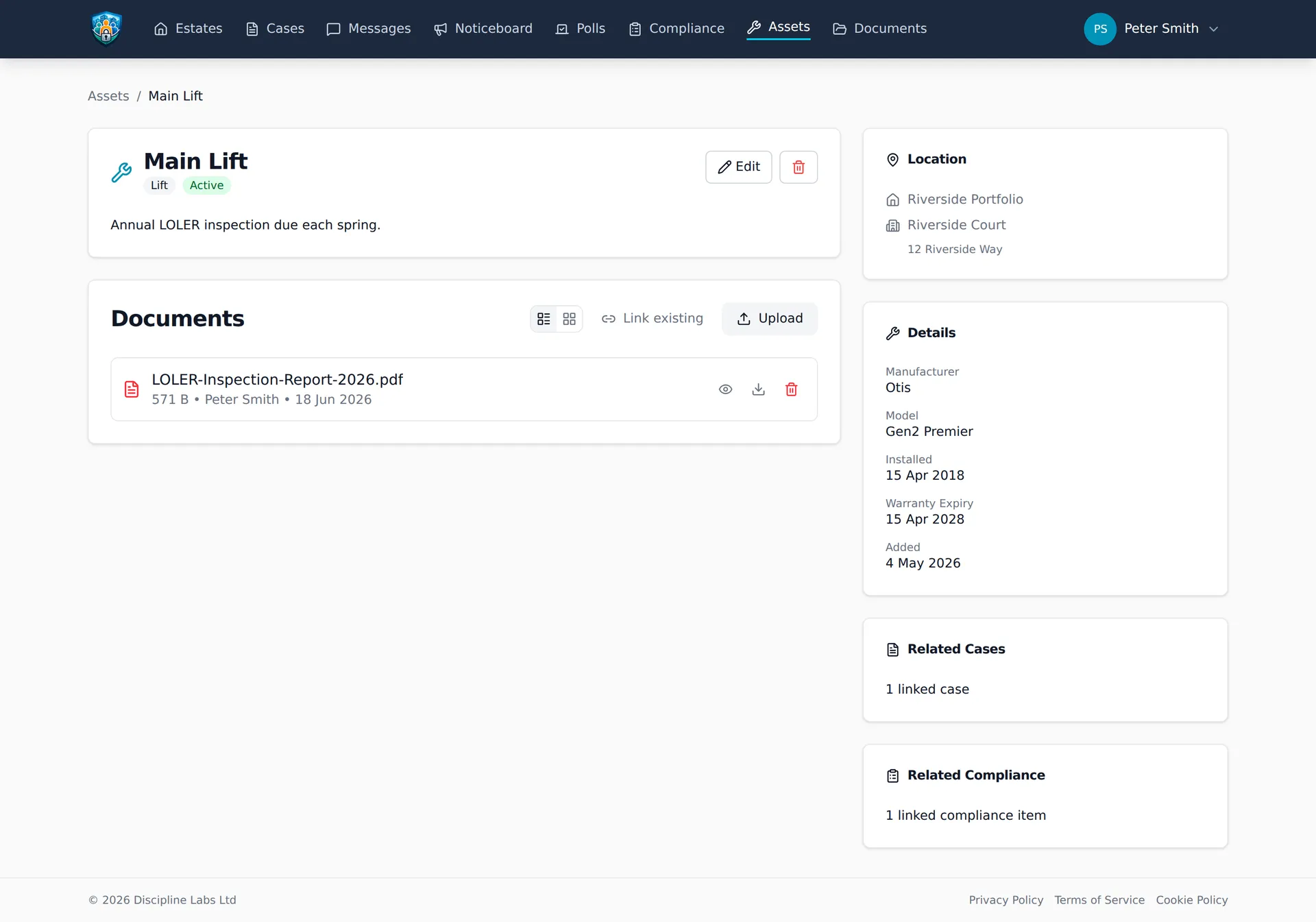 Asset detail showing linked cases, linked compliance items and warranty tracking
