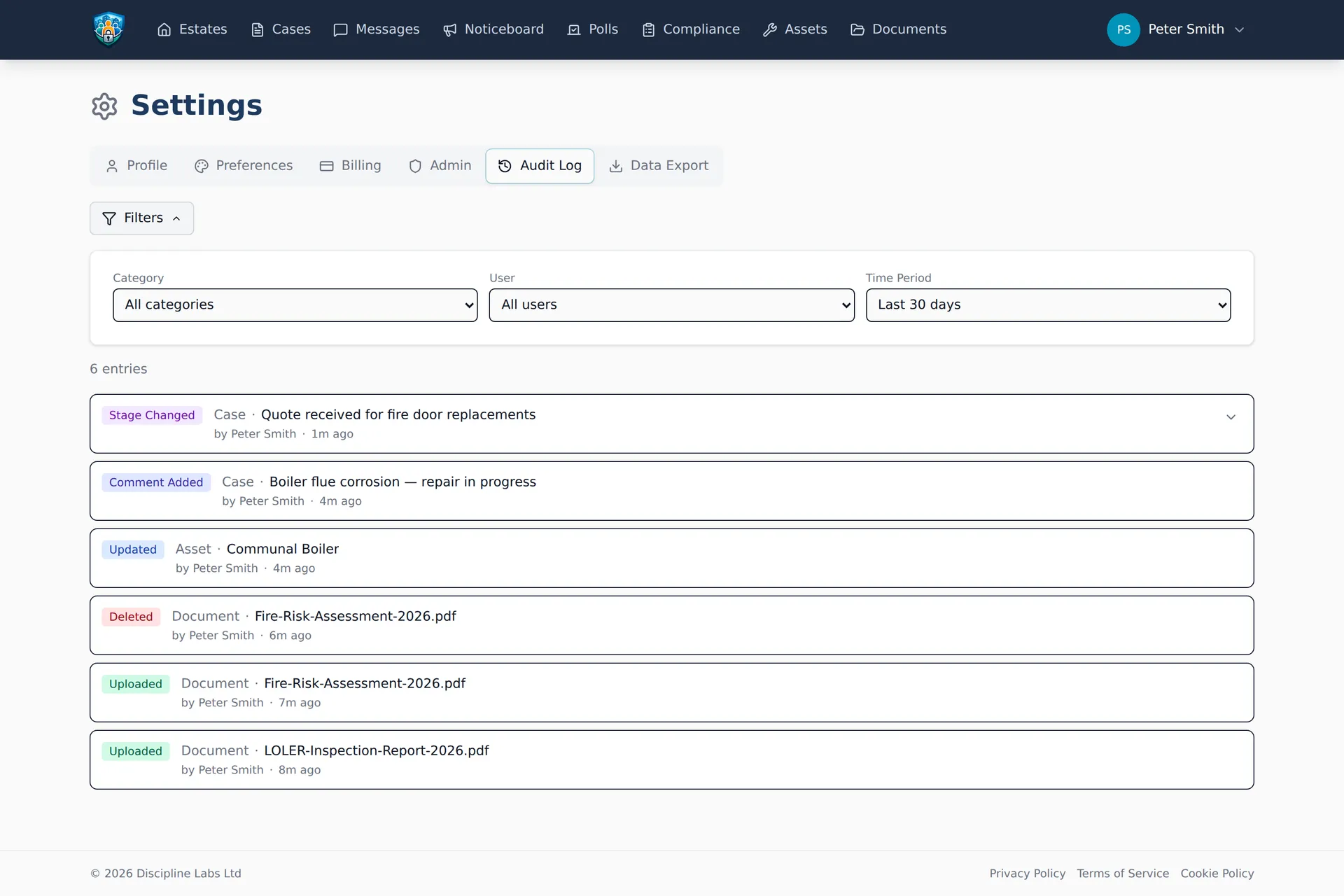 Audit log filtered by category, user and time period, with colour-coded action entries