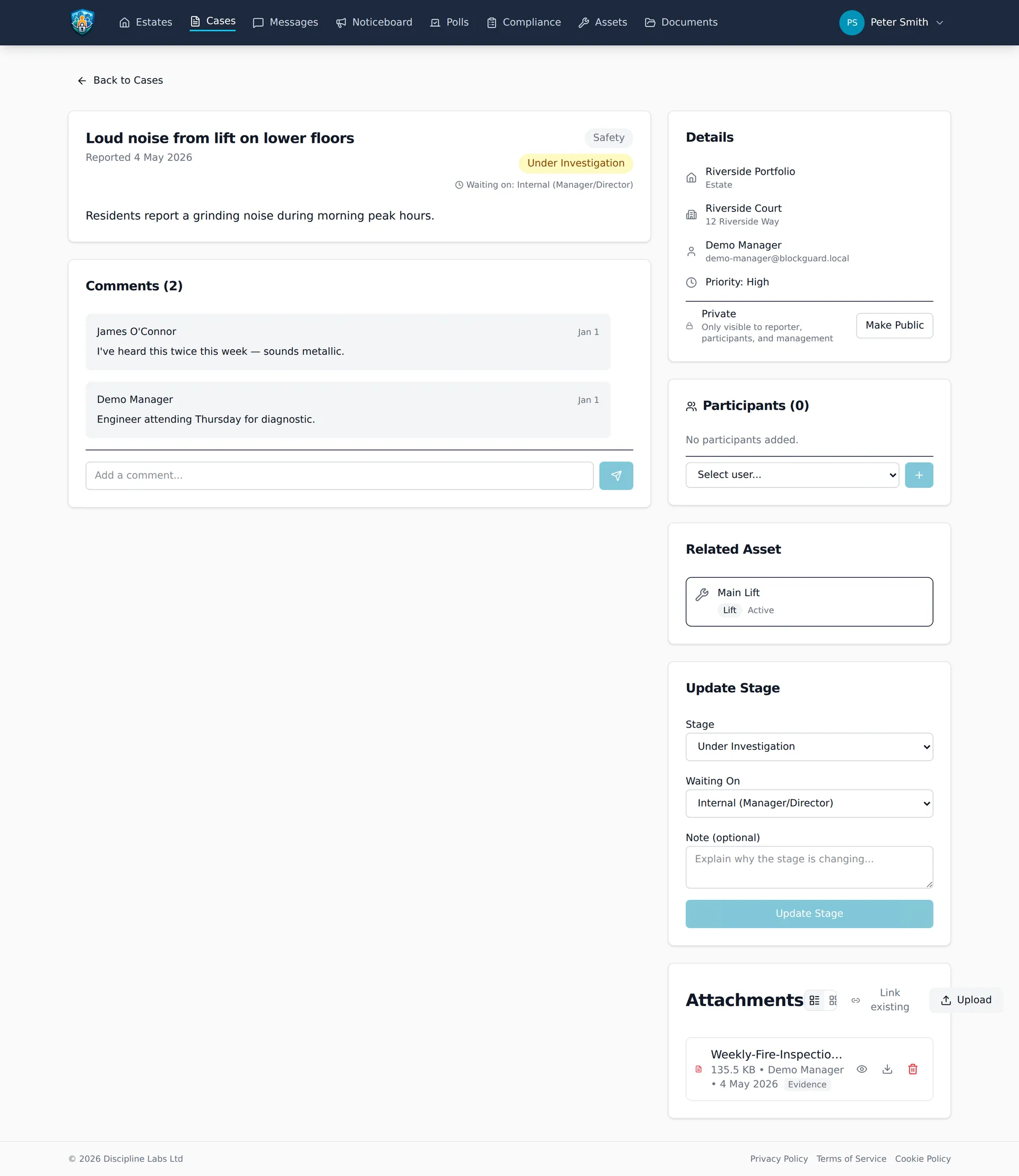 Case detail view with the staged workflow panel, comment thread and linked asset