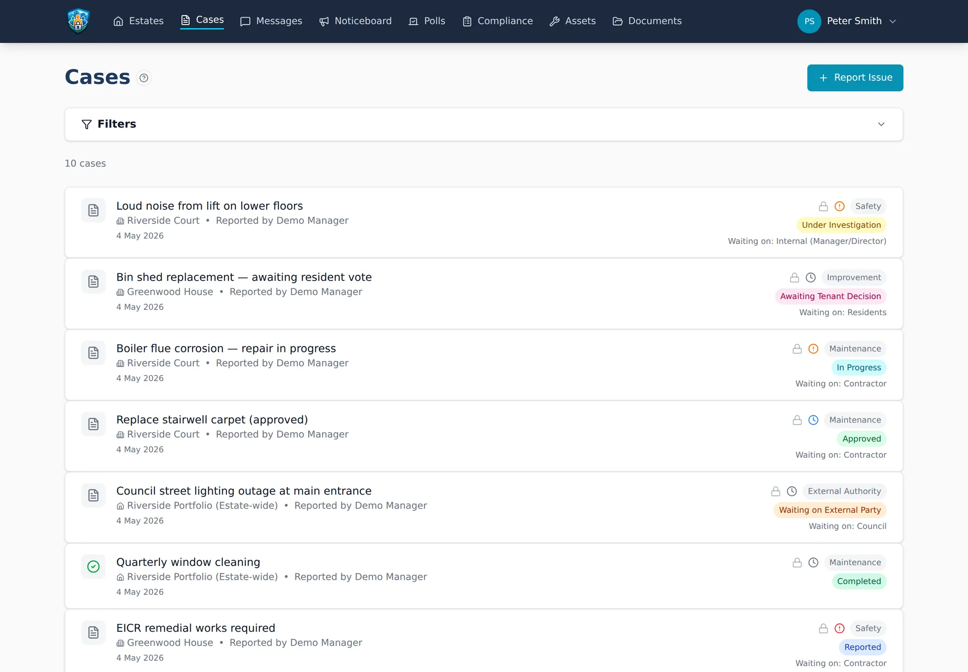Case list showing cases progressing through multiple workflow stages
