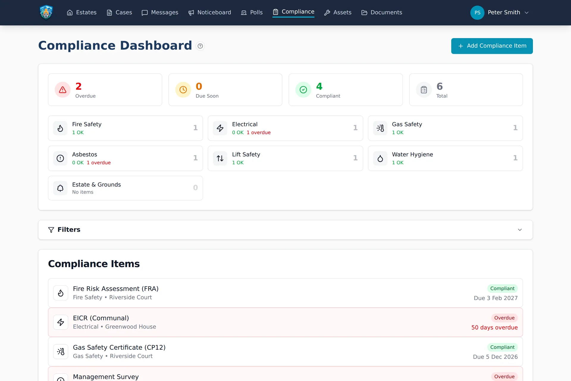 Compliance dashboard showing overdue, due-soon and compliant status indicators across categories