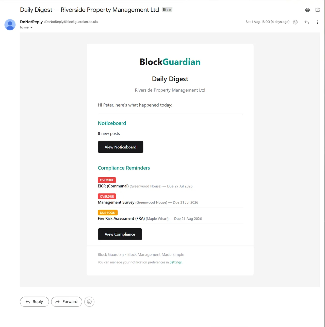 A daily digest email in an inbox: new noticeboard posts, then compliance reminders badged overdue and due soon, each naming the building and its due date