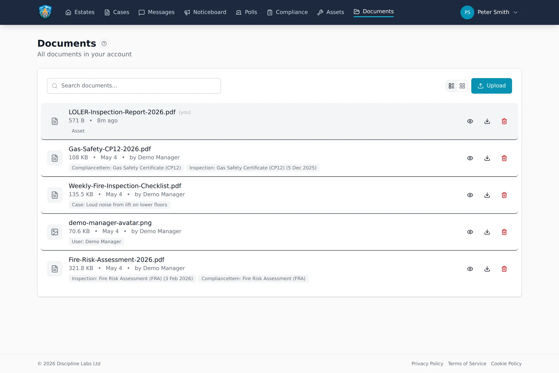 Document library with each file linked to its related building, case, inspection or asset