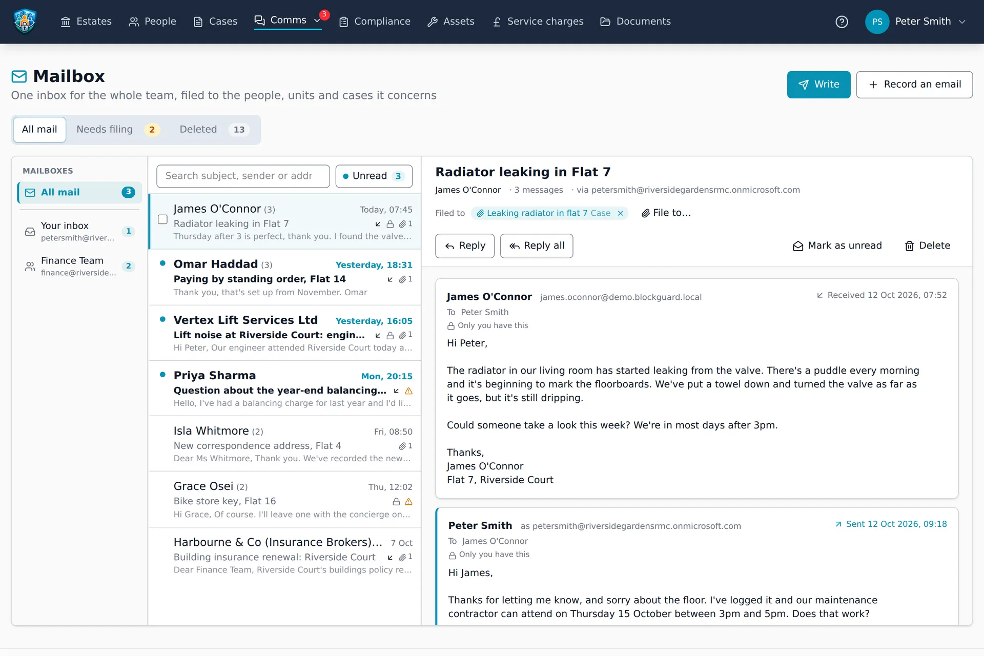 The Mailbox: your inbox and the finance shared mailbox in a rail, conversations headed with who each is with, and a leak report open in the reading pane, filed to its case