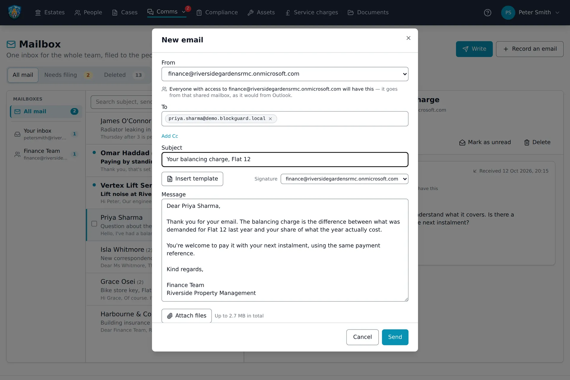 Writing an email from the finance shared mailbox: a template filled in with the flat, the mailbox's signature, and a note saying who will have it