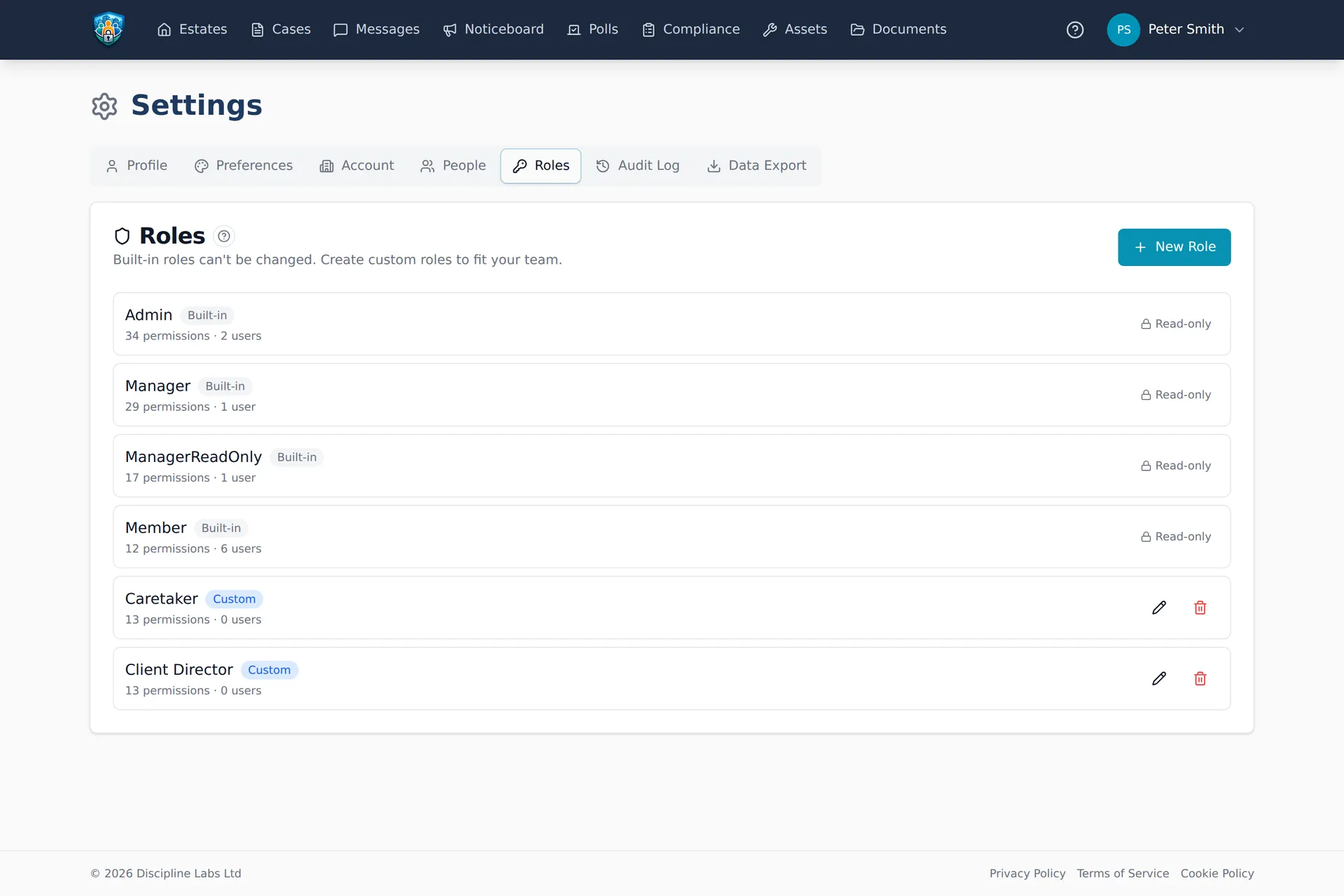 Roles settings showing the four built-in roles alongside custom Caretaker and Client Director roles