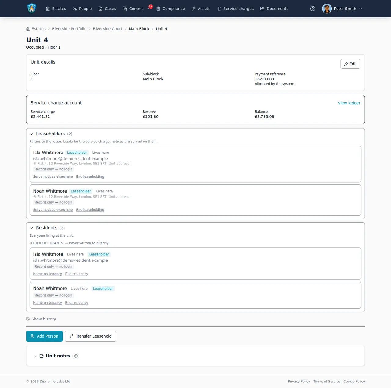 Unit page showing joint leaseholders who also live there, each marked record-only with no login
