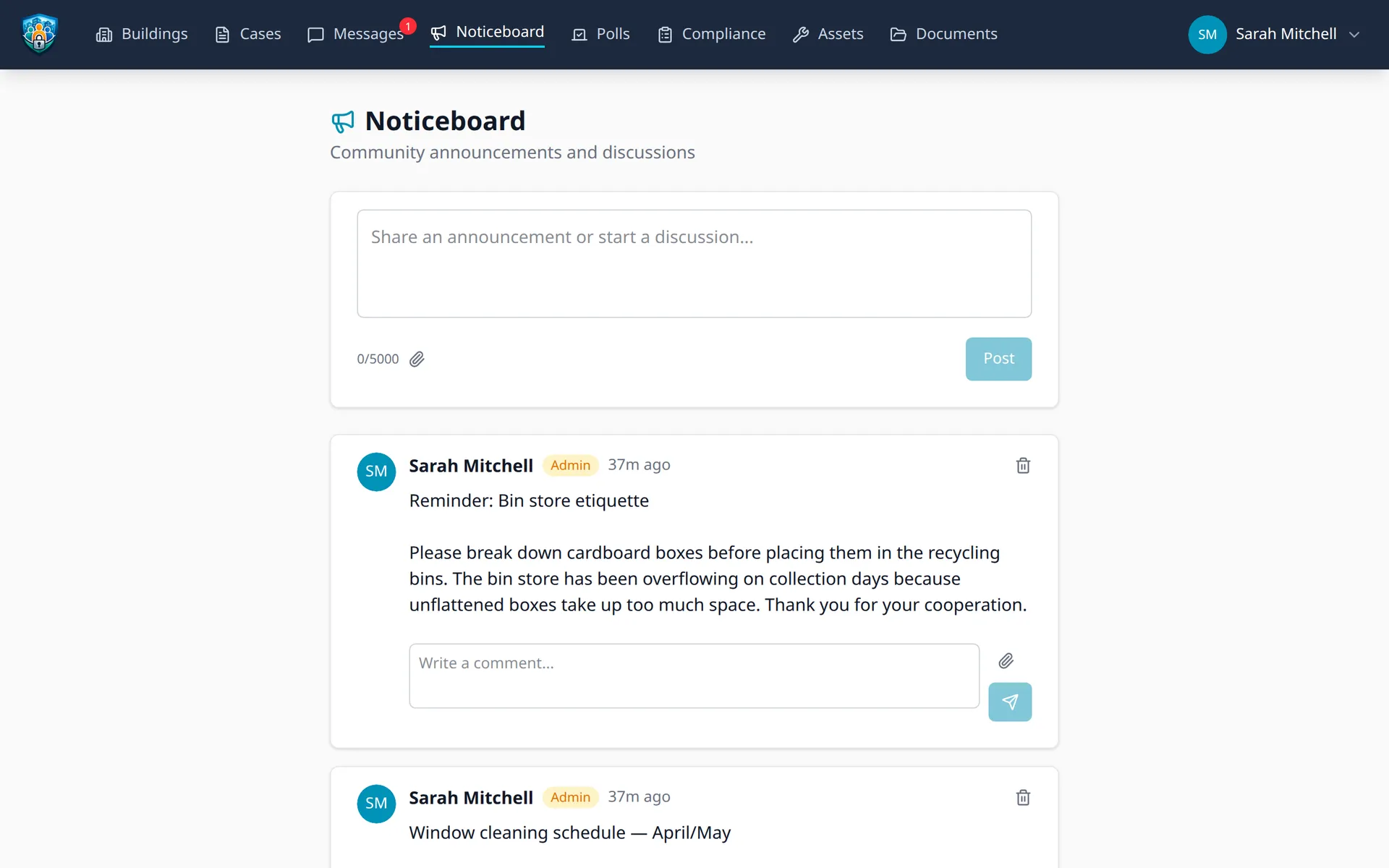 Community noticeboard with posts and comments