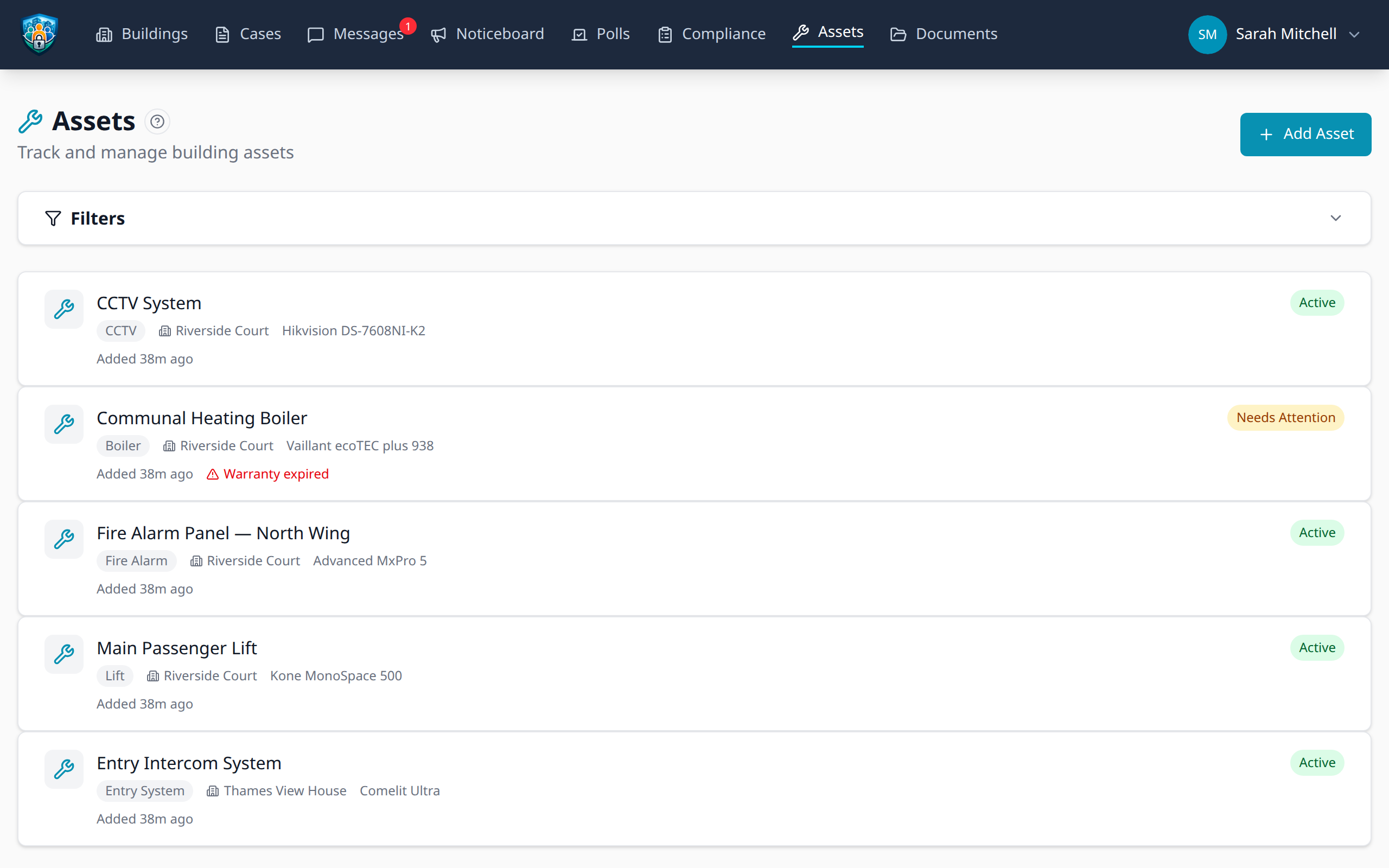 Asset register with categories and statuses