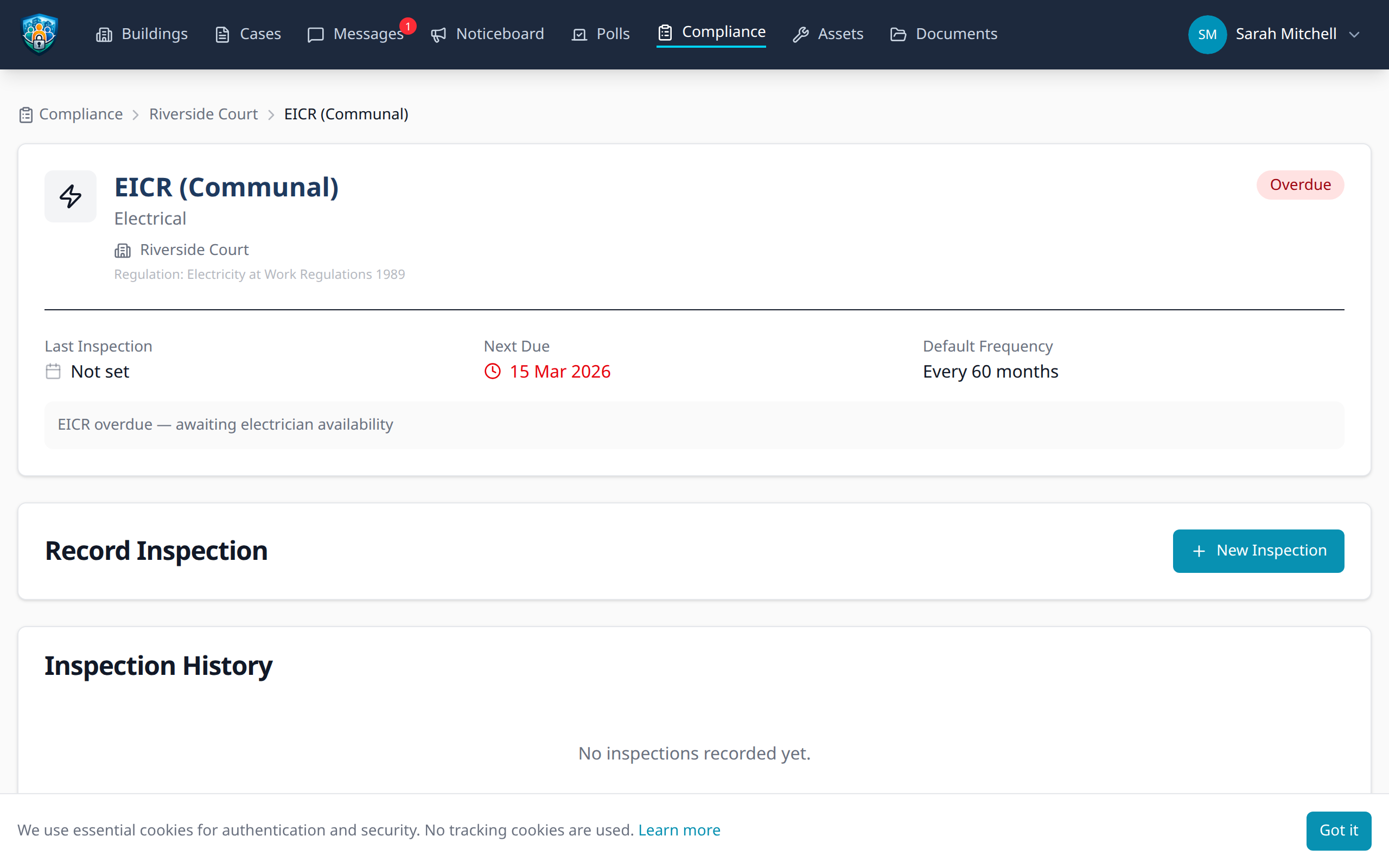 Compliance item detail with inspection history