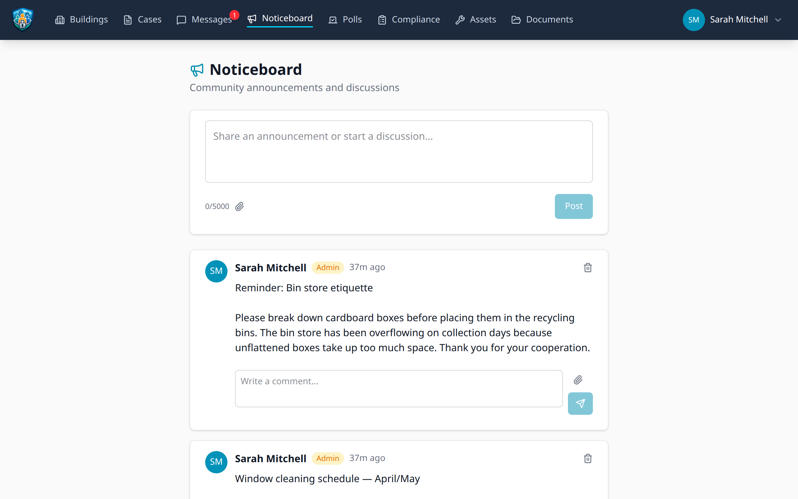 Community noticeboard with posts and comments